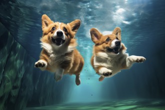 Two Pembroke Welsh Corgis diving in a pool, AI Generated