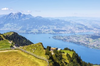 View from Mount Rigi to the city of Lucerne, Lake Lucerne and Pilatus Alps mountains in Rigi,