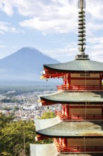 View of Mount Fuji with Chureito Pagoda in Arakurayama Sengen Park in Shimoyoshida, Japan, Asia