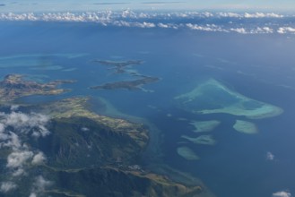 Aerial of little islets of the coast of Viti Levu, Fiji, South Pacific, Oceania