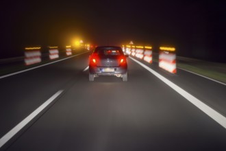 View from a Car Drive at Night at the Road with Construction Site, B496, Obernburg, Bavaria,