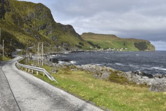 Houses, road on the island of Runde in Norway