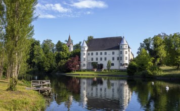 Drone shot, Renaissance castle, Hagenau Castle, Mattig estuary, Sankt Peter am Hart, Innviertel,