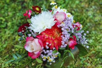 Flower bouquet in a meadow, dahlias (Dahlia), Georgines, roses (Rosa), blossom, foliage, leaves,