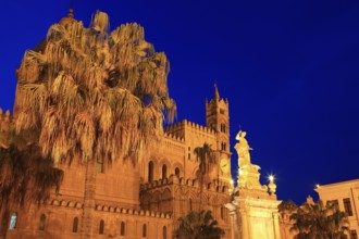 In the old town of Palermo, the statue of St Rosalia in front of the Cathedral Maria Santissima