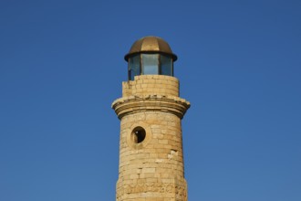 Venetian harbour, Venetian lighthouse, detail, cloudless blue sky, Rethimnon, central Crete, island