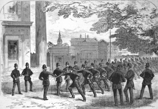 Uprising of 1867 by the Irish Republican Brotherhood. London police officers practising the use of