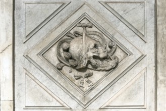 Relief depiction on the column at the entrance portal of Palazzo Doria Spinola, former 16th century