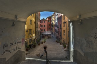 Colourful houses in Piazza Truogoli di Santa Brigada, below one of the few remaining public wash