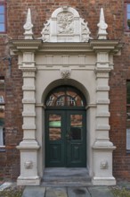 Classicism entrance potal of the historic town hall, Lüneburg, Lower Saxony, Germany, Europe