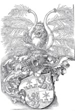 The Coat of Arms of the Roggendorfer, woodcut by Albrecht Dürer, historical, digitally improved