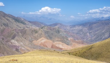 View over eroded mountainous landscape with brown hills, mountains and steppe, Chuy province,