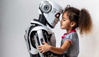 A tender touch, a little girl, about 9 years old, and a humanoid robot look each other in the face,