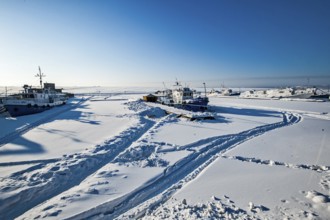 Diving boat in the snow, Irkutsk, Siberia, Russia, Europe