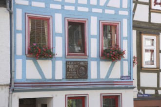 Window of the house where Philipp Reis was born with inscription and half-timbering, Langgasse,