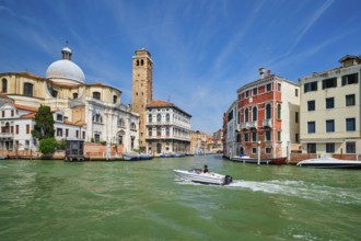 VENICE, ITALY, JULY 19, 2019: Boats and gondolas on Grand Canal, Venice, Italy, Europe