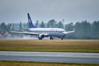 MINSK, BELARUS, JUNE 15, 2018: Belavia belarusian airlines flight Boeing 737-800 plane landing on