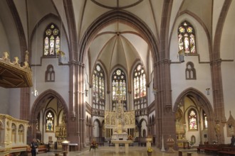 Interior view with chancel of the neo-Gothic St. Peter's Church in Heppenheim, Bergstrasse, Hesse,