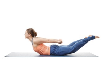 Woman doing Yoga asana Salabhasana C, locust pose C isolated on white background