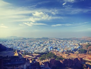 Vintage retro effect filtered hipster style panorama image of Jodhpur, known as Blue City due to