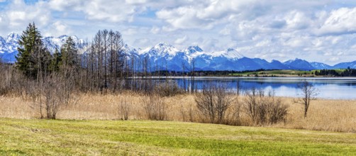 Panorama of Bavarian Alps countryside lake landscape. Bavaria, Germany, Europe