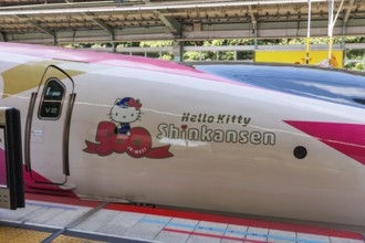 Shinkansen Hello Kitty train type 500 high-speed train of Japan Rail JR West at Shin-Kobe station