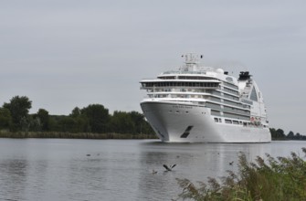 Cruise ship Seabourn Ovation on voyage through the Kiel Canal, Schleswig-Holstein, Germany, Europe