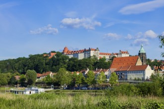 Elbe view of the old town of Pirnau with Sonnenstein Fortress and St. Mary's Church