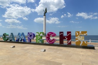 Colourful letters spelling name of Campeche city, Campeche State, Mexico on the Malecon seafront