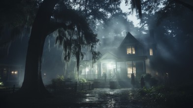 Dimly lit halloween haunted mansion with ghostly figures nearby and on steps amongst the foggy