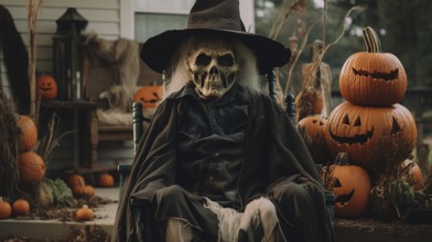 Ghostly scary old witch sitting amongst pumpkins and other halloween decorations, generative AI