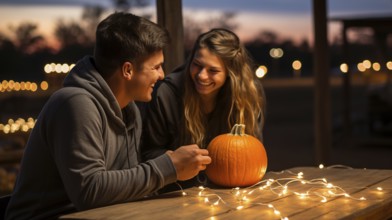 Happy young couple enjoying the fall harvest festivities outside, generative AI