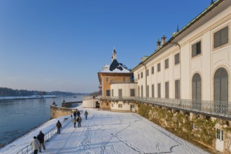 Pillnitz Palace Park in winter, water palace on the Elbe