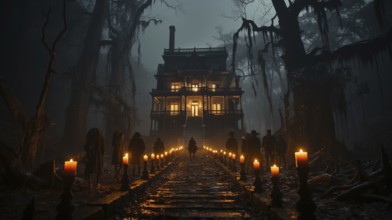 Silhouette of several people walking down the lantern lit walkway on halloween night toward a