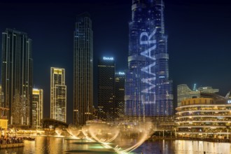 Night shot, water feature in Burj Khalifa Lake, Burk Khalifa, Downtown, Dubai, United Arab