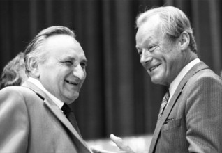 Election party conference of the SPD on 09.06.1980 in Essen. Egon Bahr, Willy Brandt f.l, Germany,