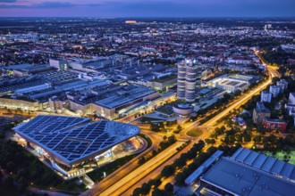 MUNICH, GERMANY, JULY 08, 2018: Aerial view of BMW Museum and BWM Welt and factory and Munich from