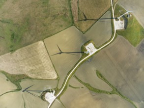 Windmills on a wind farm near Zahara de los Atunes, aerial view, drone shot, Cádiz province,