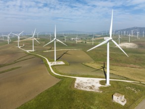 Windmills on a wind farm near Zahara de los Atunes, aerial view, drone shot, Cádiz province,