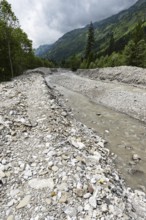 Illegal stream straightening in a nature reserve, Rappenalpbach in the Rappenalptal valley near