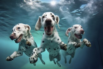 Three Dalmatian puppies diving in a river, AI Generated