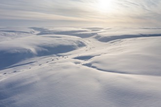 Snowy wintery mountain landscape, Batsfjord, Båtsfjord, Varanger Peninsula, Finnmark, Northern