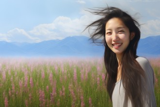 Beautiful young Asian woman with dark hair in a wildflower field, Kyrgyzstan, AI generated, Asia