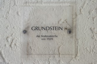 Information board foundation stone, Protestant St. Andrew's Church, writing, letters, Eningen unter