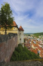 Old annexe with tower of the north gate, Hellenstein Castle, view of Heidenheim town, historical