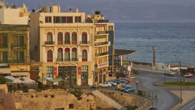 Morning light, houses at the harbour, roundabout, cars, harbour, Heraklion, capital, island of