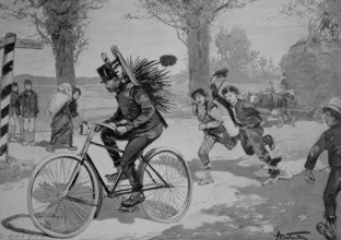 Chimney sweep on bicycle, Chimney sweep on bicycle in 1870, Historic, digitally restored