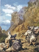 Cougar attacks two Arab horsemen, 1868, Arabia, Historic, digitally restored reproduction of an