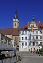 Town of Iphofen, market square with St. Vitus parish church and the town hall, Kitzingen district,