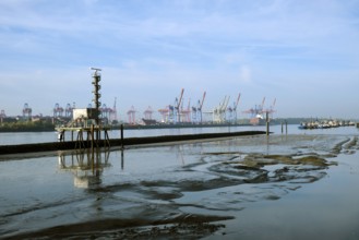 View of Hamburg harbour at low tide, Hamburg, Land Hamburg, Germany, Europe